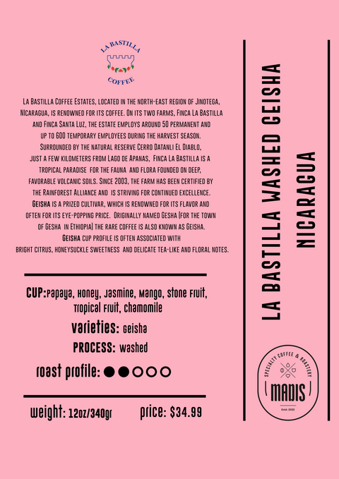 whole bean coffee, Geisha from La Bastille, Nicaragua Coffee , Coffee Beans Near me - Madis Coffee Roasters